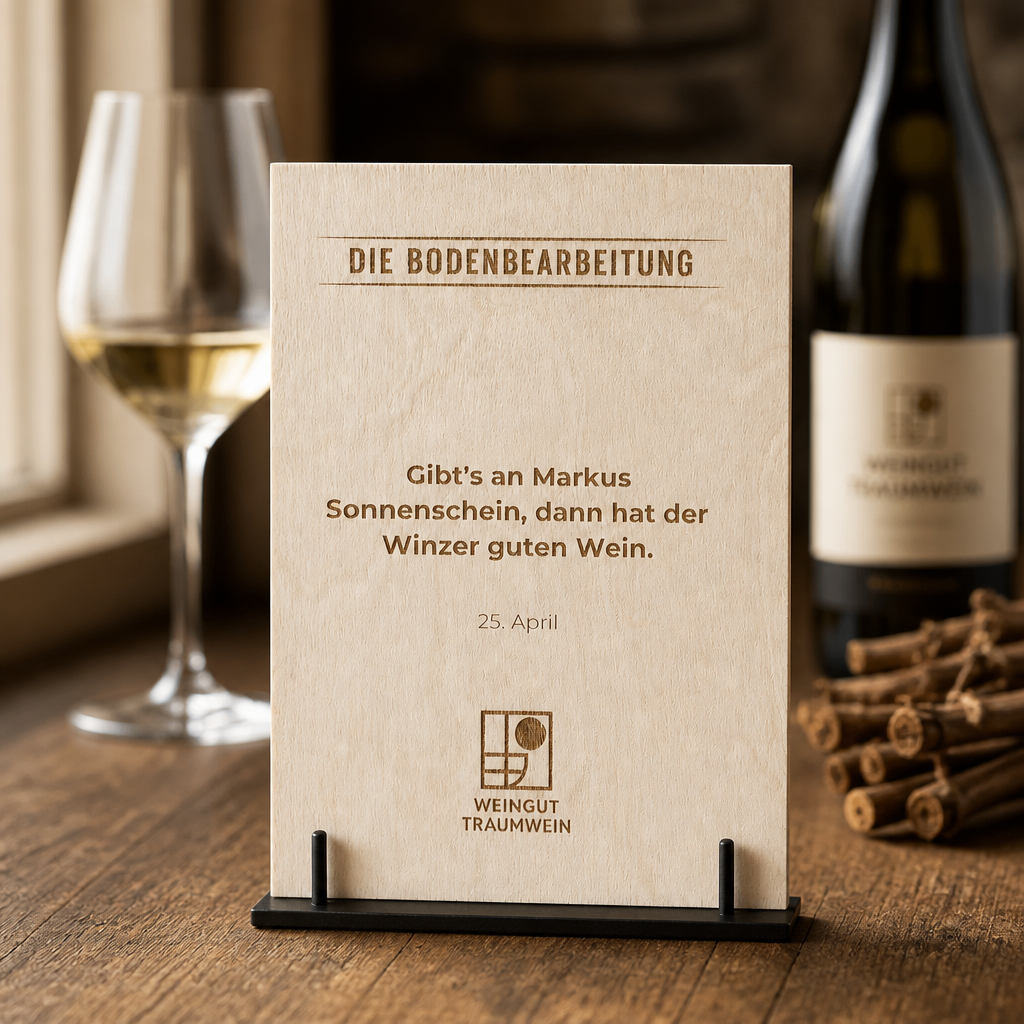 Holzschild Markus Sonnenschein  Winzerspruch 25. April | Lasergravur Weinspruch Geschenk