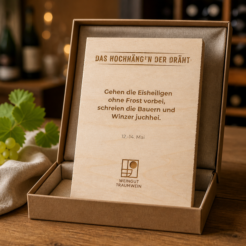 Holzschild Eisheilige ohne Frost vorbei – Winzerspruch 12.–14. Mai | Lasergravur Geschenk