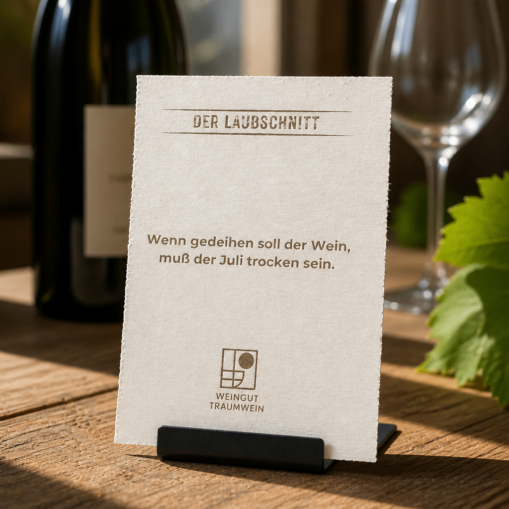 Holzschild Wenn gedeihen soll der Wein, muss der Juli trocken sein | Winzerspruch Lasergravur