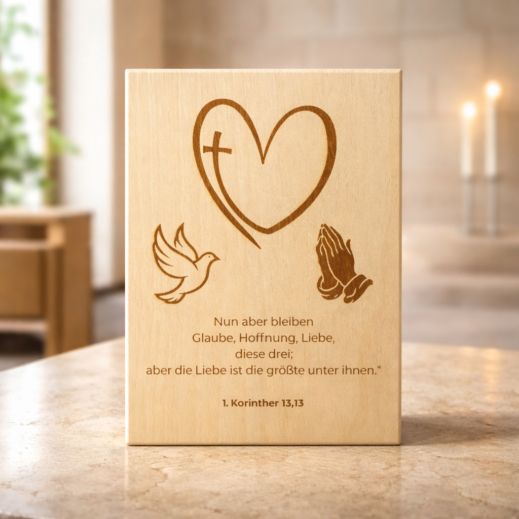 Holzschild 1. Korinther 13,13 – Lasergravur Geschenk | Glaube, Hoffnung & Liebe