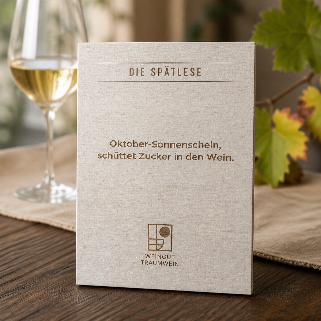 Holzschild Oktober-Sonnenschein schüttet Zucker in den Wein | Winzerspruch Lasergravur
