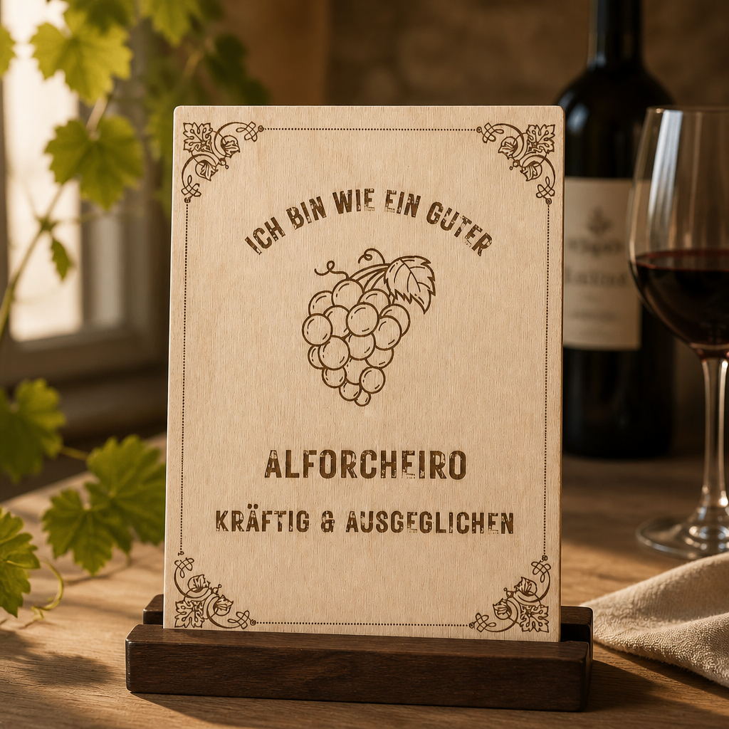 Alforcheiro Holzschild – „Ich bin wie ein guter Alforcheiro“ | Lasergravur Rotwein Geschenk