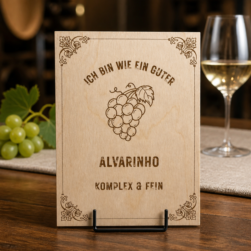 Alvarinho Holzschild – „Ich bin wie ein guter Alvarinho“ | Lasergravur Weißwein Geschenk