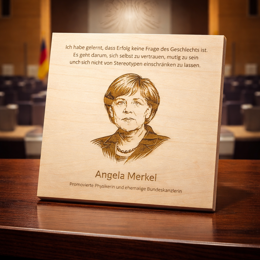 Holzschild Angela Merkel – Lasergravur mit Portrait und Zitat, Bundeskanzlerin Geschenk