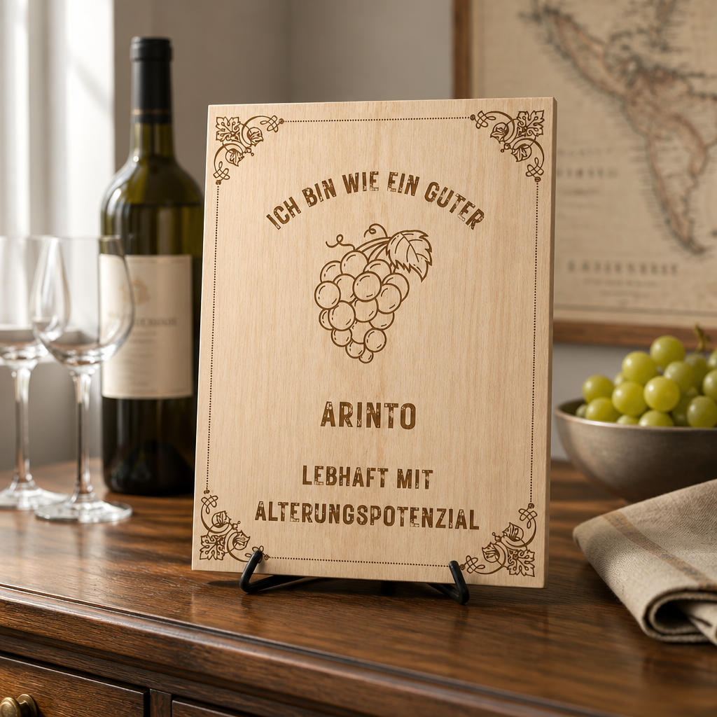 Arinto Holzschild – „Ich bin wie ein guter Arinto“ | Lasergravur Weißwein Geschenk