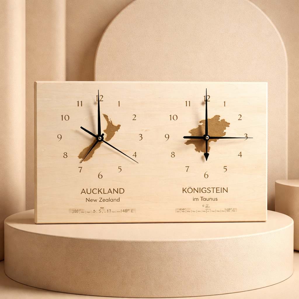 Holzuhr Auckland & Königstein – Lasergravur Doppelzeituhr mit zwei Zeitzonen, Fernbeziehung Geschenk