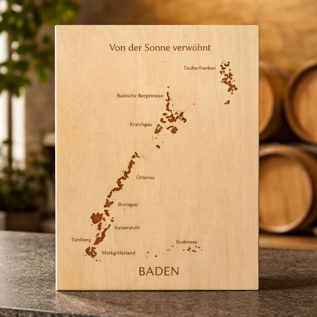 Wooden sign Baden – "Pampered by the sun" | Laser-engraved wine list Baden
