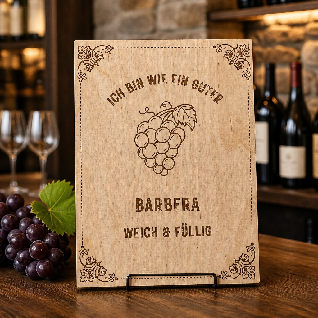Holzschild Barbera – Weinliebhaber Geschenk mit Lasergravur | Ich bin wie ein guter Barbera