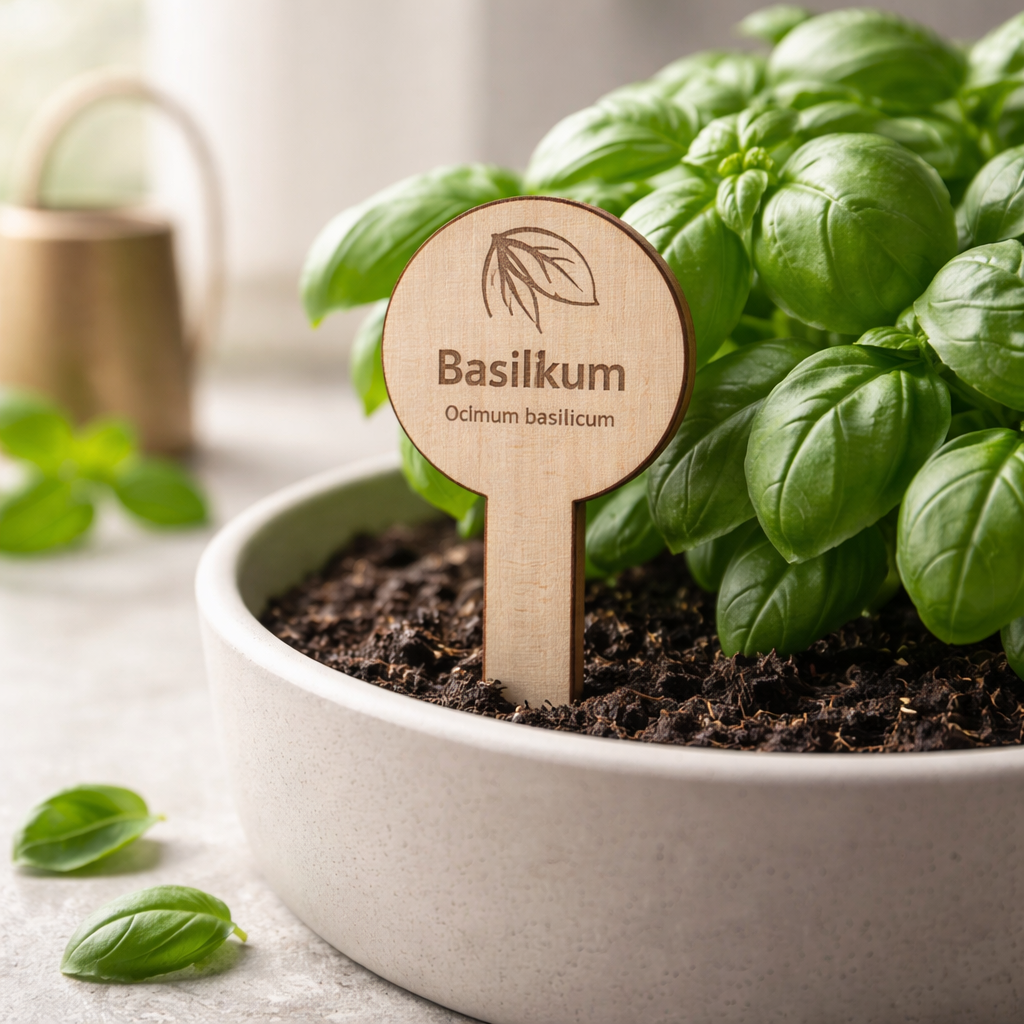 Pflanzenstecker Basilikum (Ocimum basilicum) | Lasergravur Kräuterstecker Holz Garten