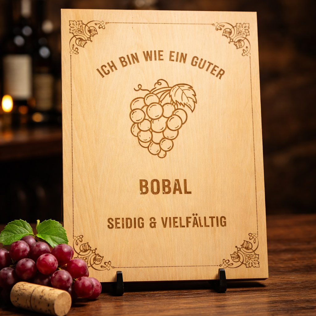Holzschild Bobal – Lasergravur Weinliebhaber Geschenk | Seidig & Vielfältig