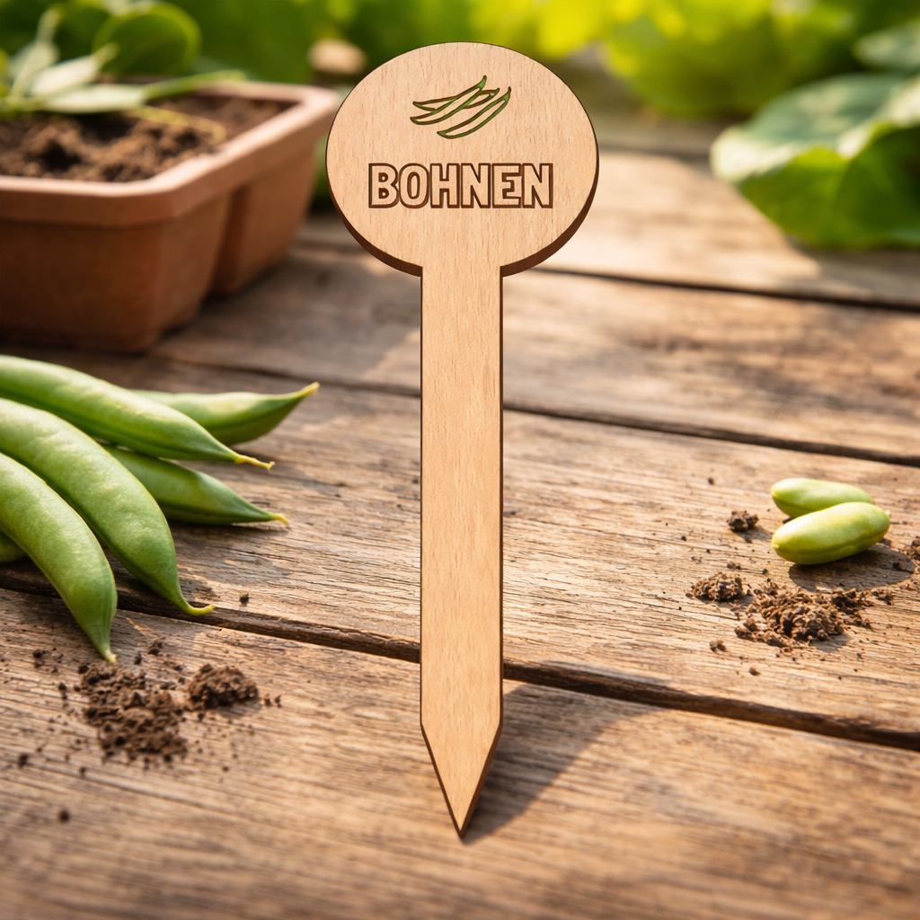 Pflanzenstecker Bohnen – Lasergravur Holzstecker mit Bohnen-Motiv, Gartendeko Geschenk