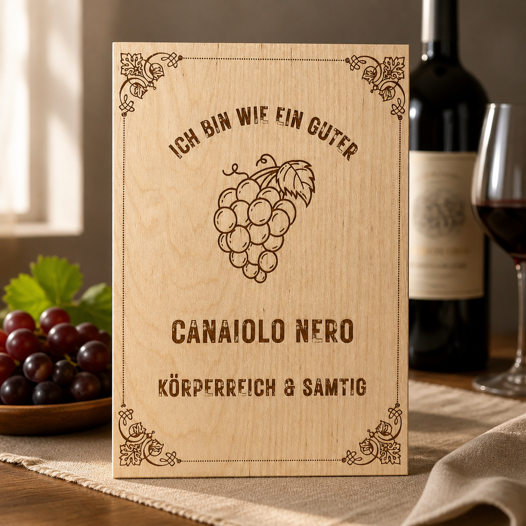 Holzschild Canaiolo Nero – Weinliebhaber Geschenk mit Lasergravur | Ich bin wie ein guter Canaiolo Nero