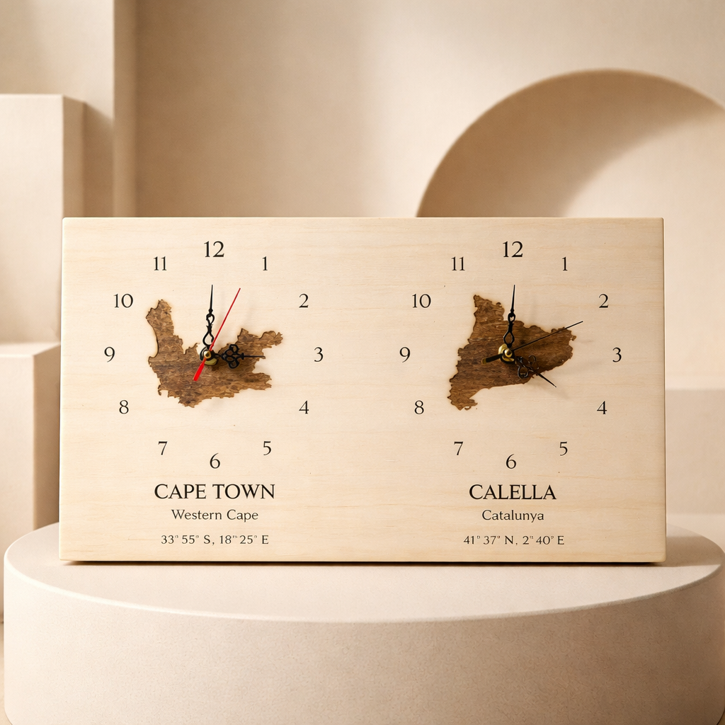 Duale Uhr – Lasergravur Doppelzeituhr Geschenk | Zwei Städte Weltuhr Holz