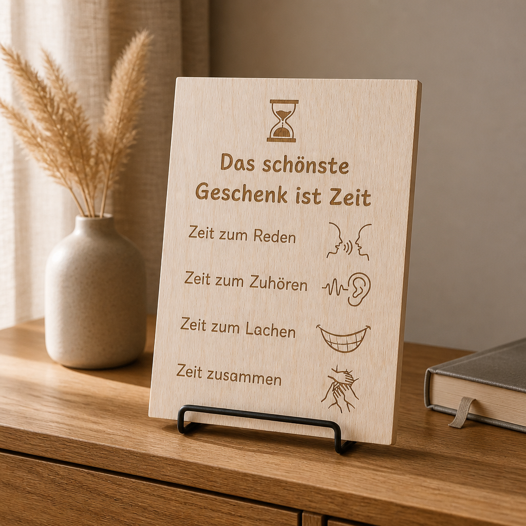 Holzschild Das schönste Geschenk ist Zeit | Zeit zum Reden Zuhören Lachen | Lasergravur Geschenk