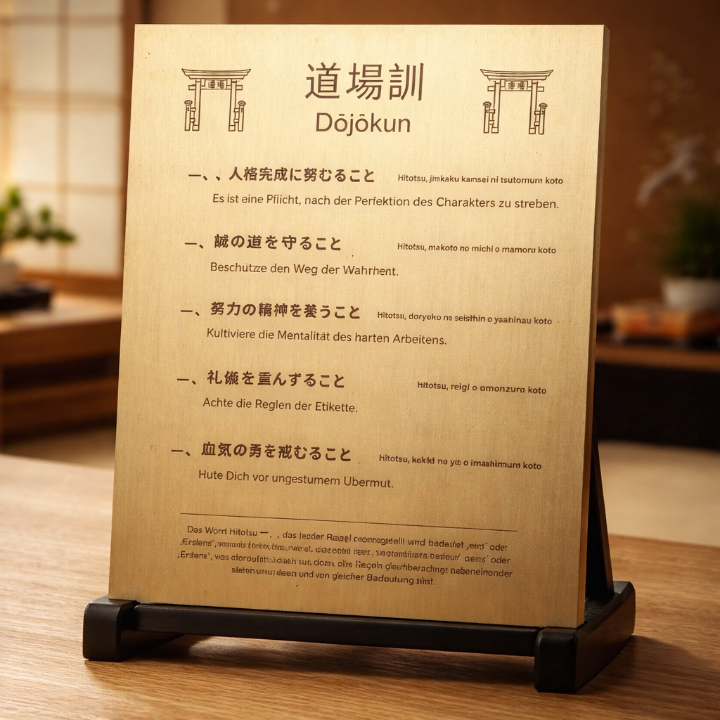 Holzschild Dōjōkun – Dojo Regeln & Karate Werte | Lasergravur Japan Deko Geschenk
