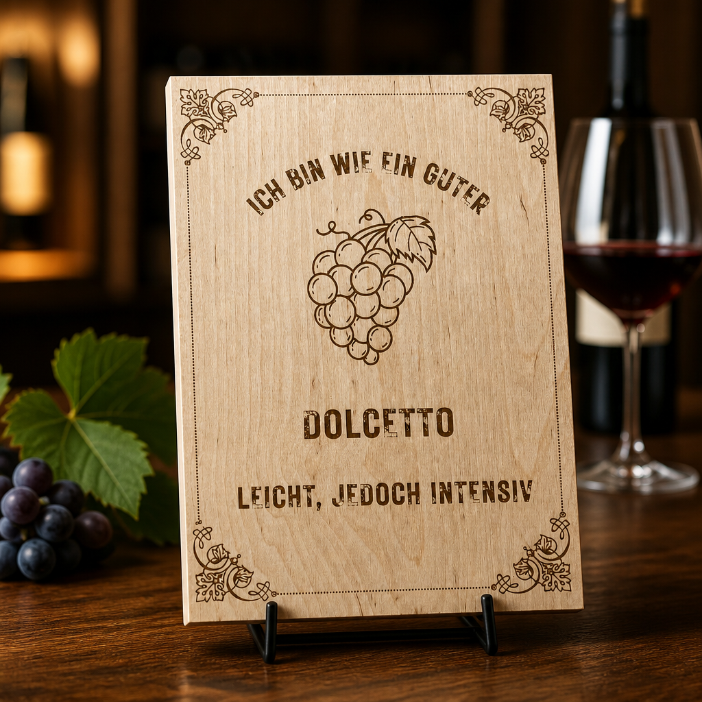 Holzschild Dolcetto – Weinliebhaber Geschenk mit Lasergravur | Ich bin wie ein guter Dolcetto