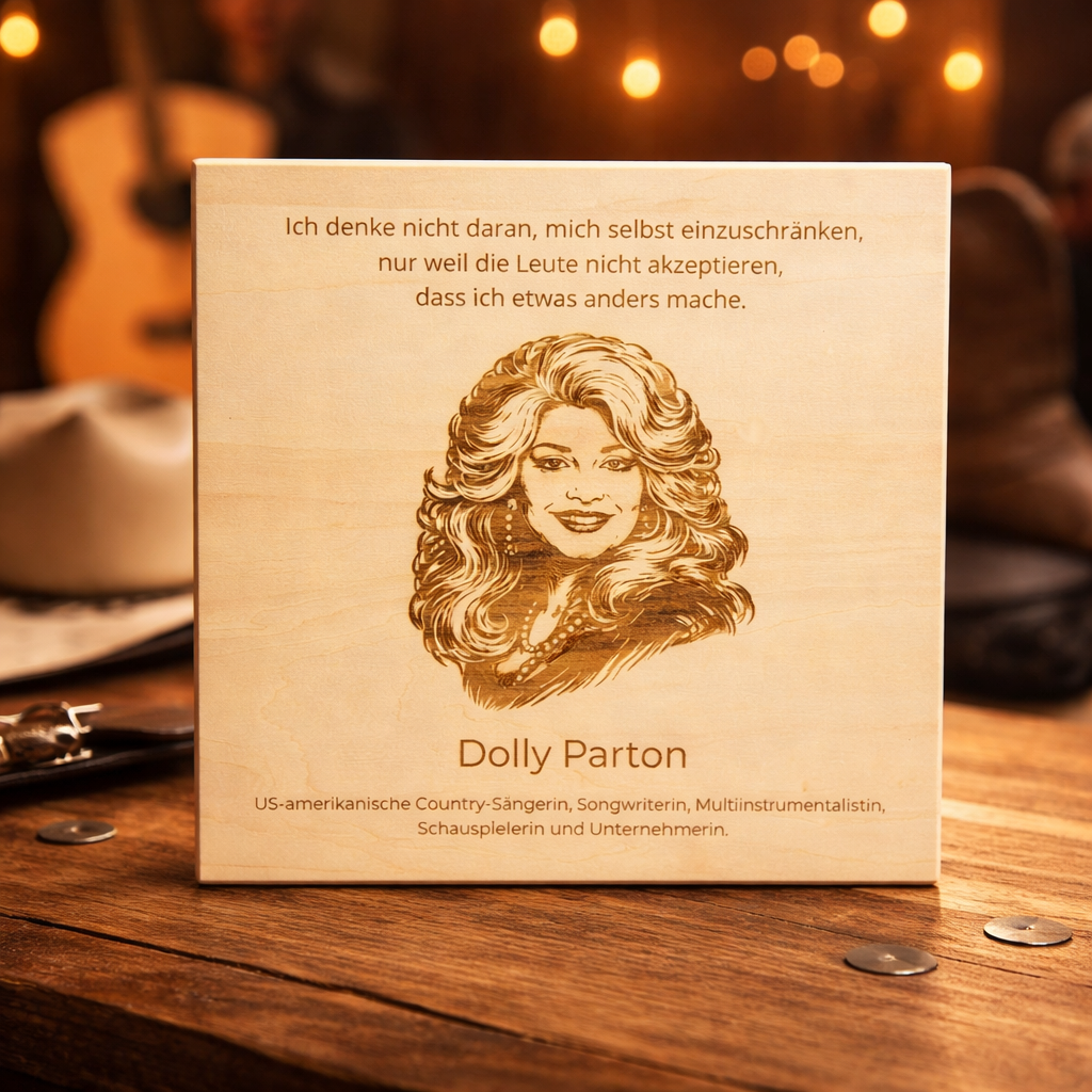 Holzschild Dolly Parton – Lasergravur mit Portrait und Zitat, Country-Legende Geschenk