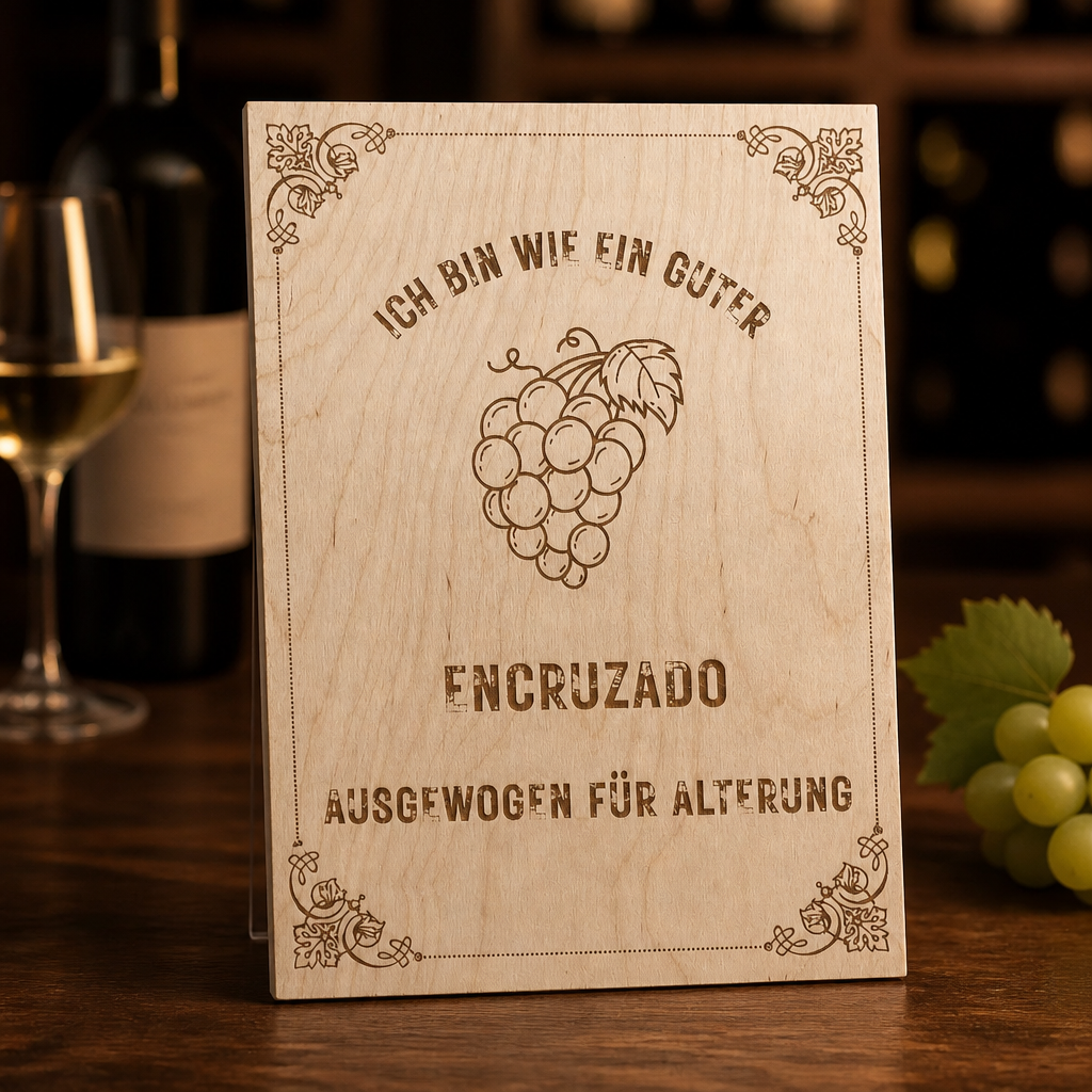 Encruzado Holzschild – „Ich bin wie ein guter Encruzado“ | Lasergravur Weißwein Geschenk