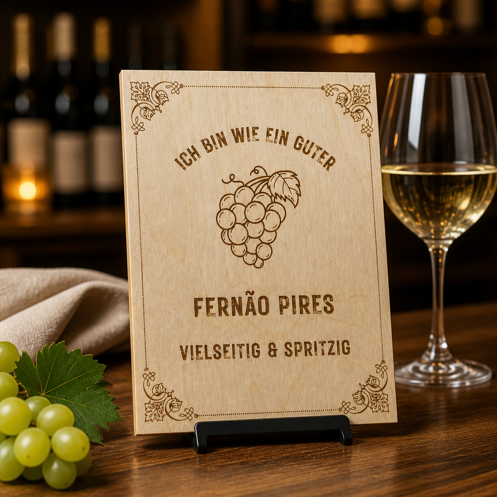 Fernão Pires Holzschild – „Ich bin wie ein guter Fernão Pires“ | Lasergravur Weißwein Geschenk