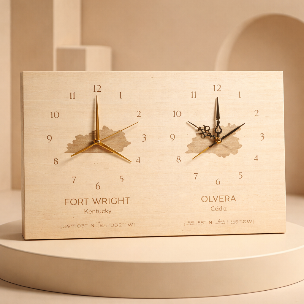 Duale Uhr – Lasergravur Doppelzeituhr Geschenk | Zwei Städte Weltuhr Holz