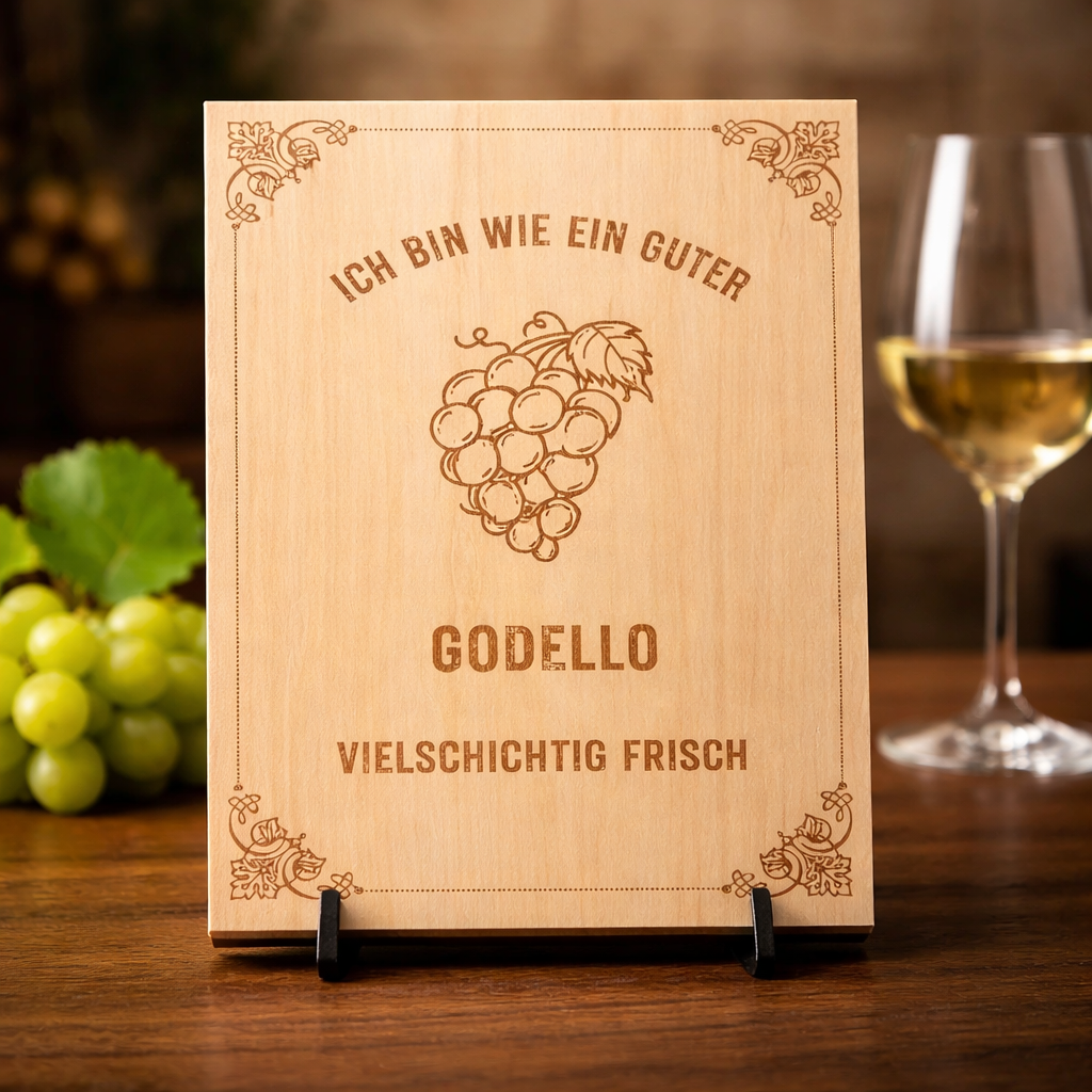 Holzschild Godello – Lasergravur Weinliebhaber Geschenk | Vielschichtig & Frisch