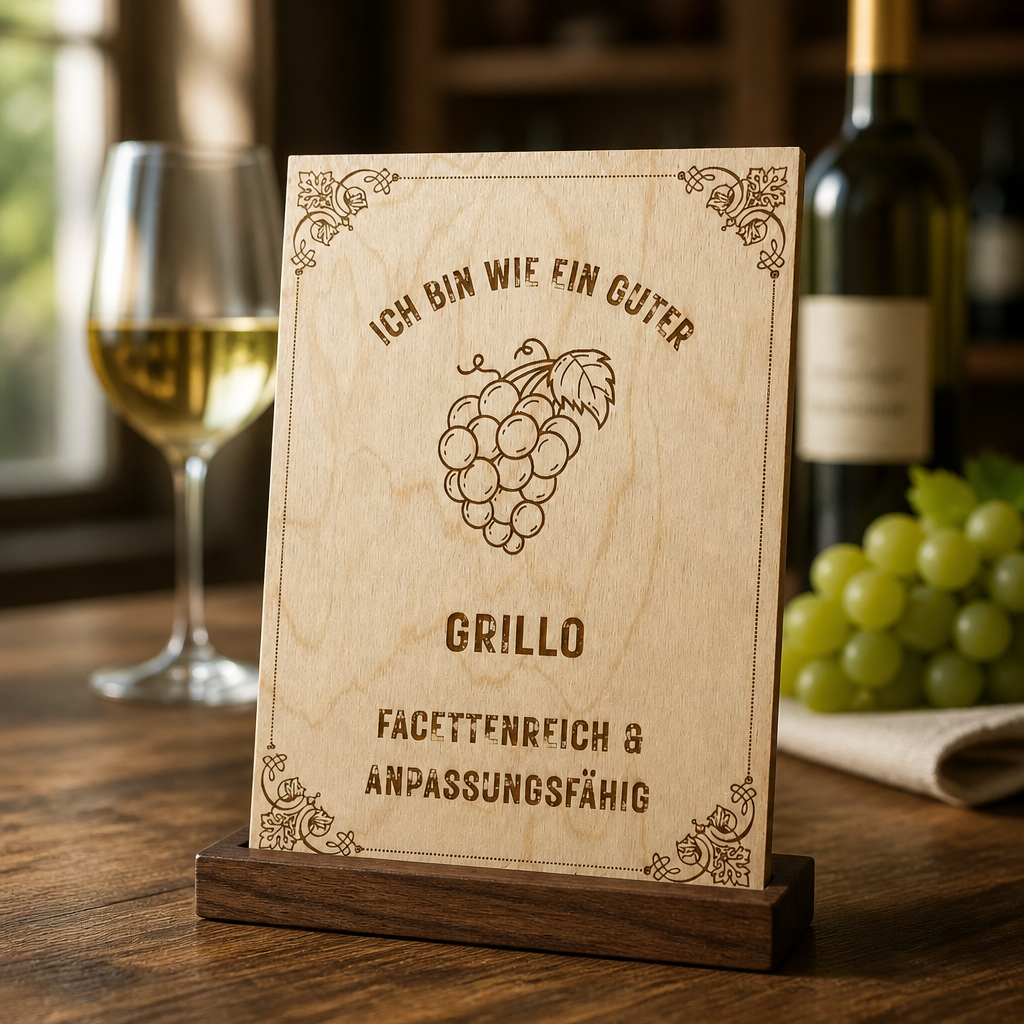 Grillo Holzschild – „Ich bin wie ein guter Grillo“ | Lasergravur Weinliebhaber Geschenk