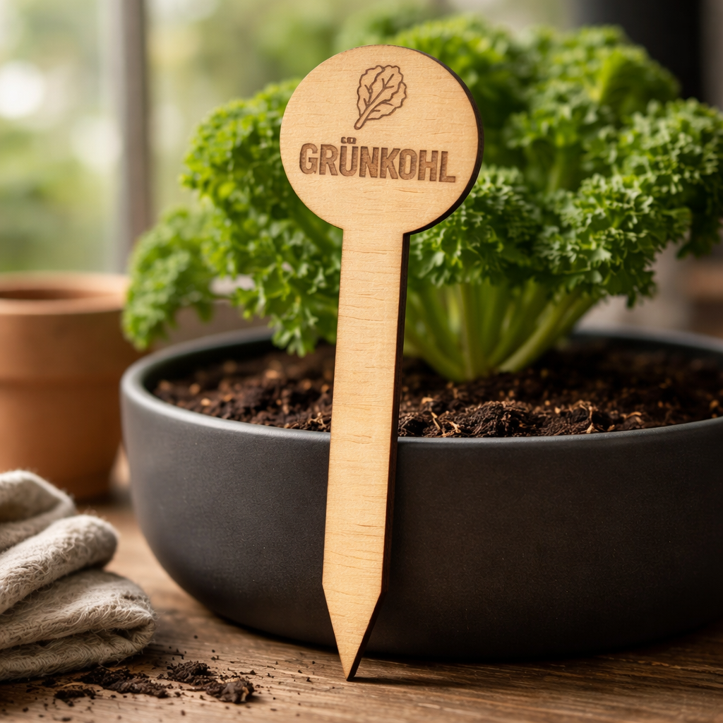 Pflanzenstecker Grünkohl – Lasergravur Holzstecker mit Grünkohl-Motiv, Gartendeko Geschenk