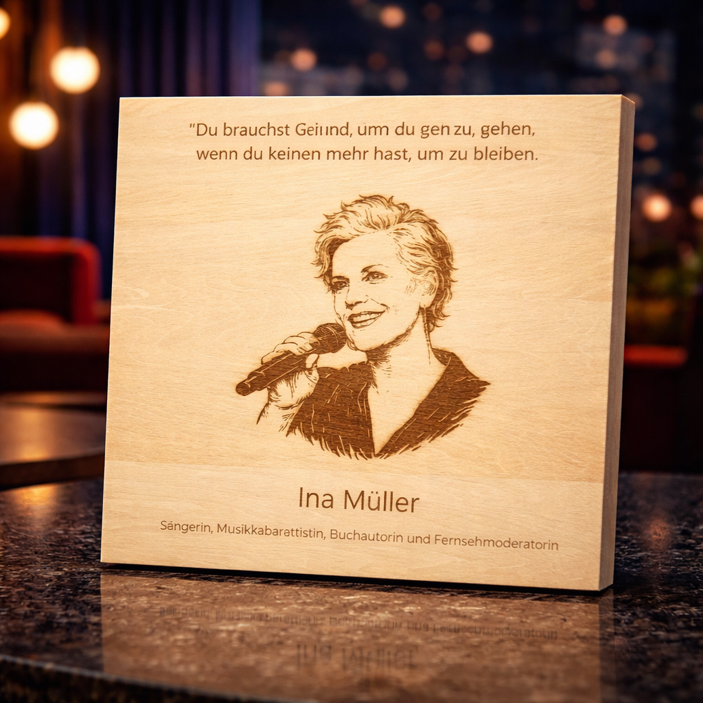 Holzschild Ina Müller – Lasergravur mit Portrait und Zitat, Sängerin Geschenk