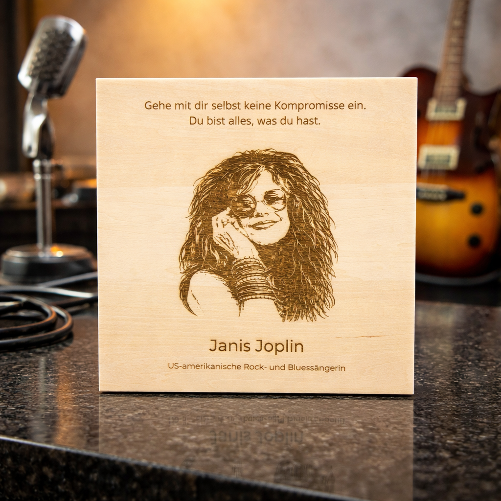 Holzschild Janis Joplin – Lasergravur mit Portrait und Zitat, Rocklegende Geschenk