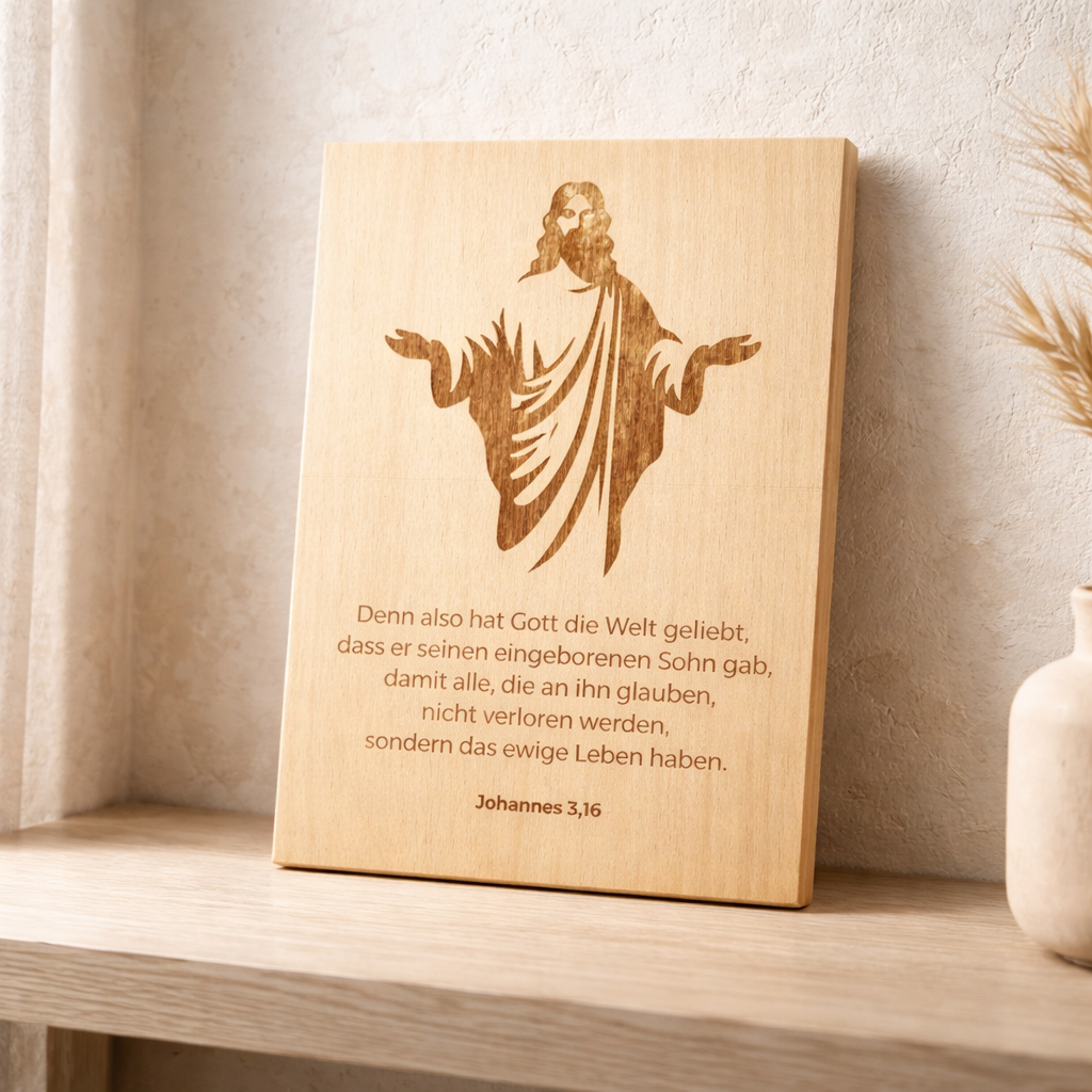 Holzschild Johannes 3,16 – Lasergravur Bibelvers Geschenk | Denn also hat Gott die Welt geliebt