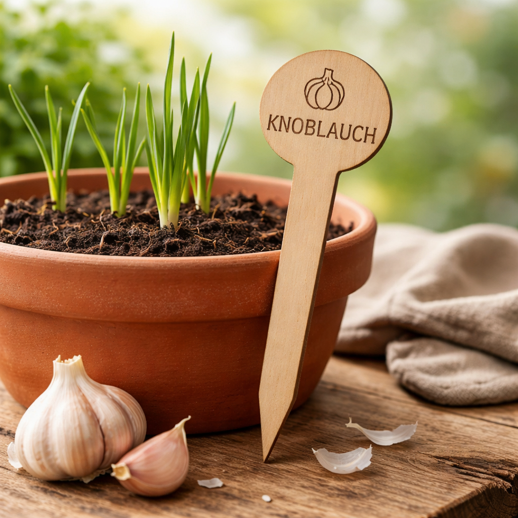 Pflanzenstecker Knoblauch – Lasergravur Holzstecker mit Knoblauch-Motiv, Gartendeko Geschenk