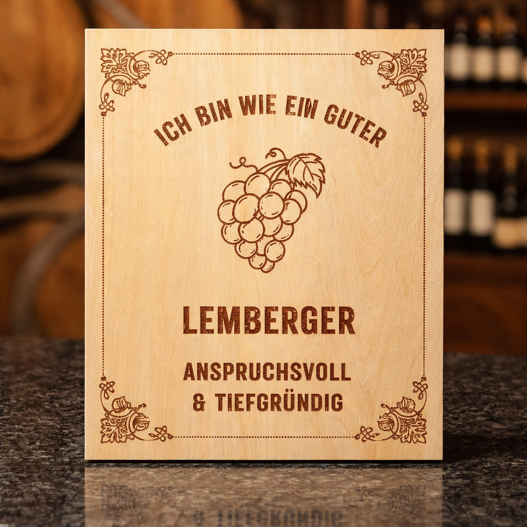 Holzschild Lemberger – Lasergravur Weinliebhaber Geschenk | Anspruchsvoll & Tiefgründig