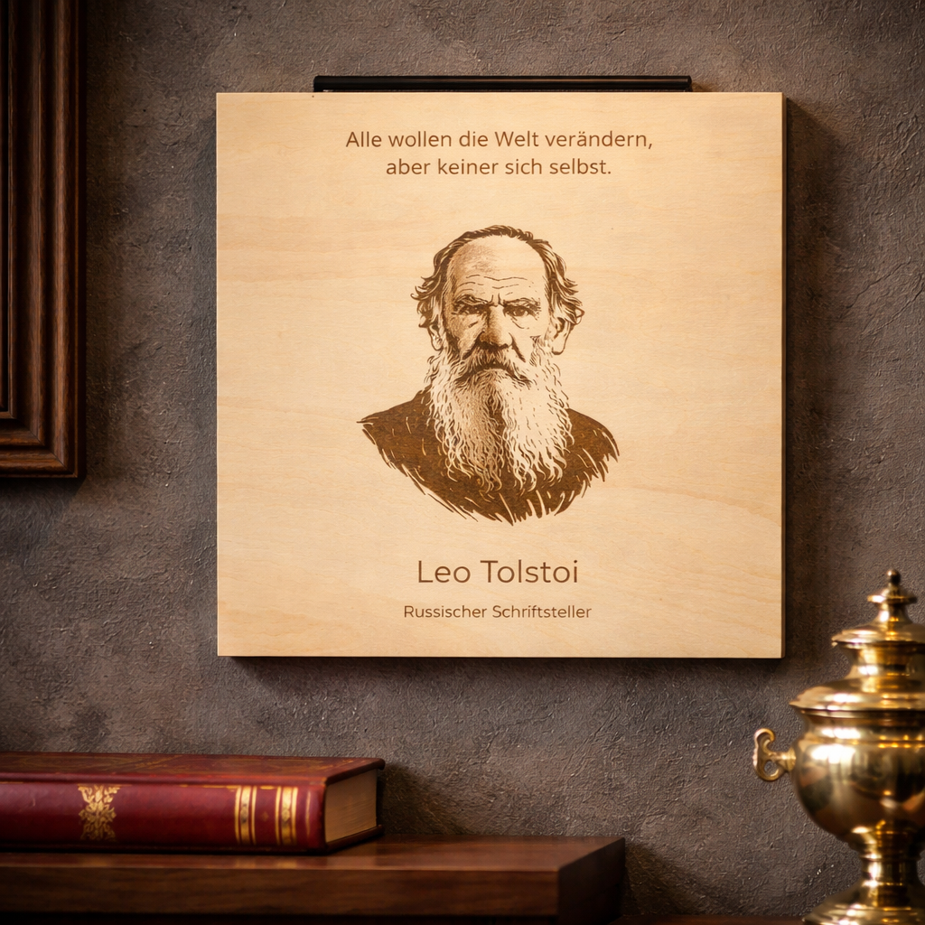 Holzschild Leo Tolstoi – Lasergravur Zitat Geschenk | Alle wollen die Welt verändern