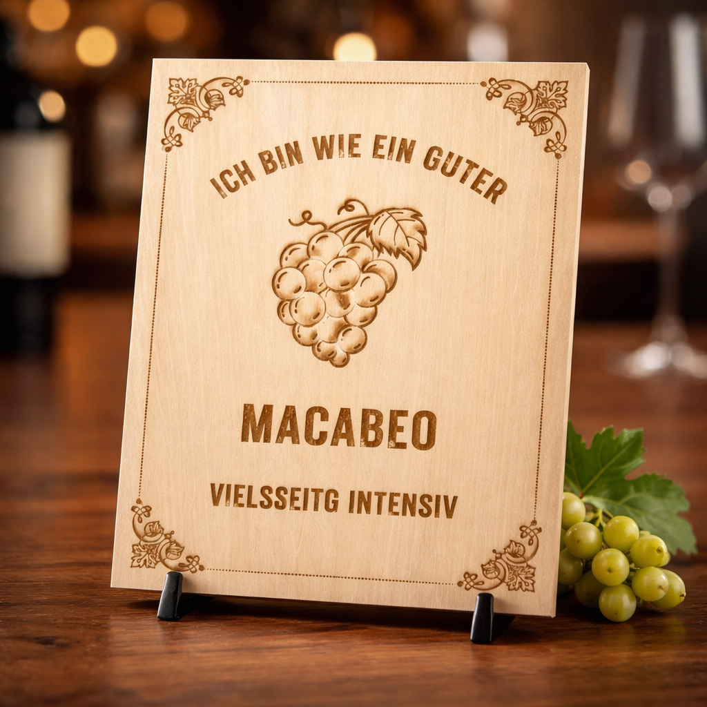 Holzschild Macabeo – Lasergravur Weinliebhaber Geschenk | Vielseitig & Intensiv