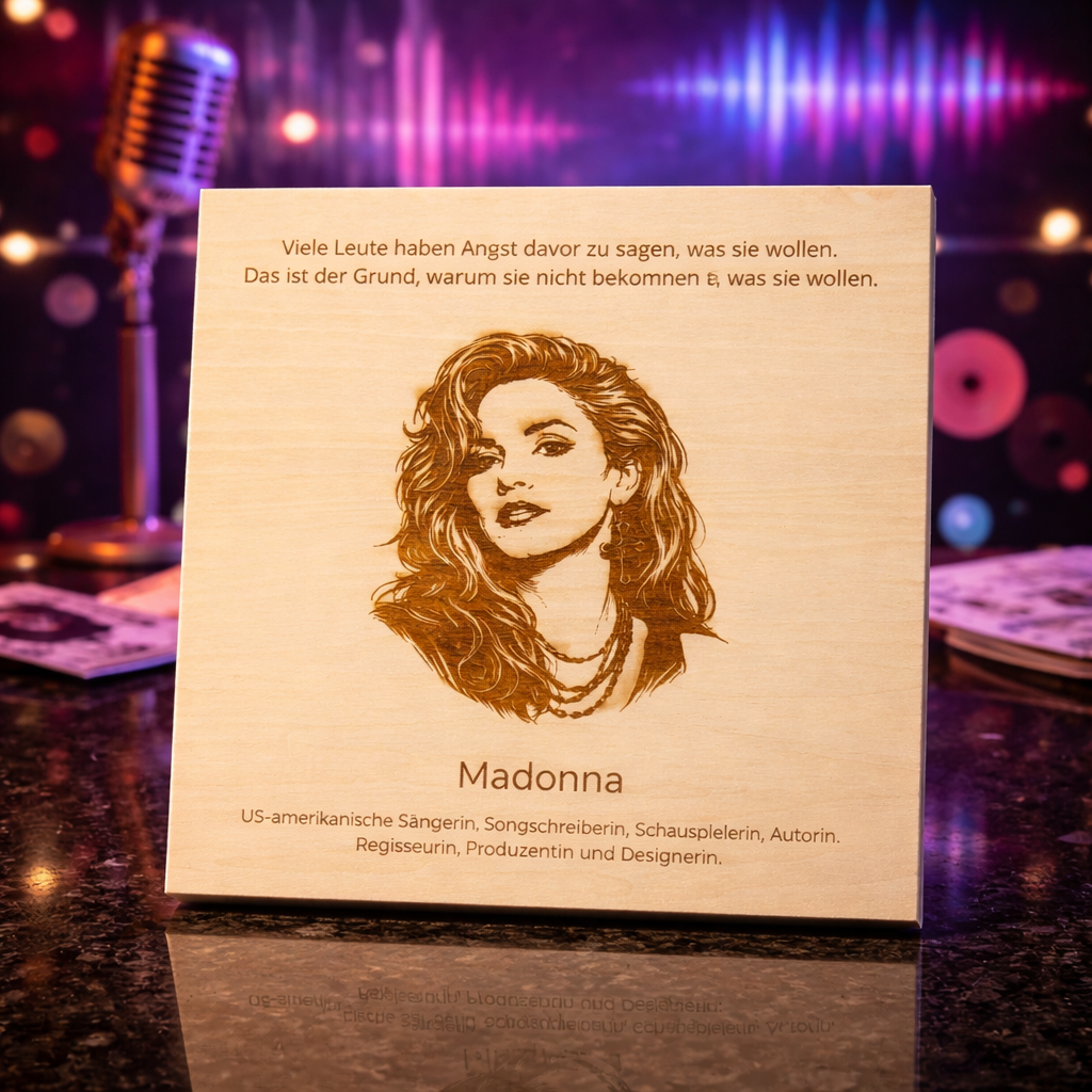 Holzschild Madonna – Lasergravur mit Portrait und Zitat, Pop-Queen Geschenk