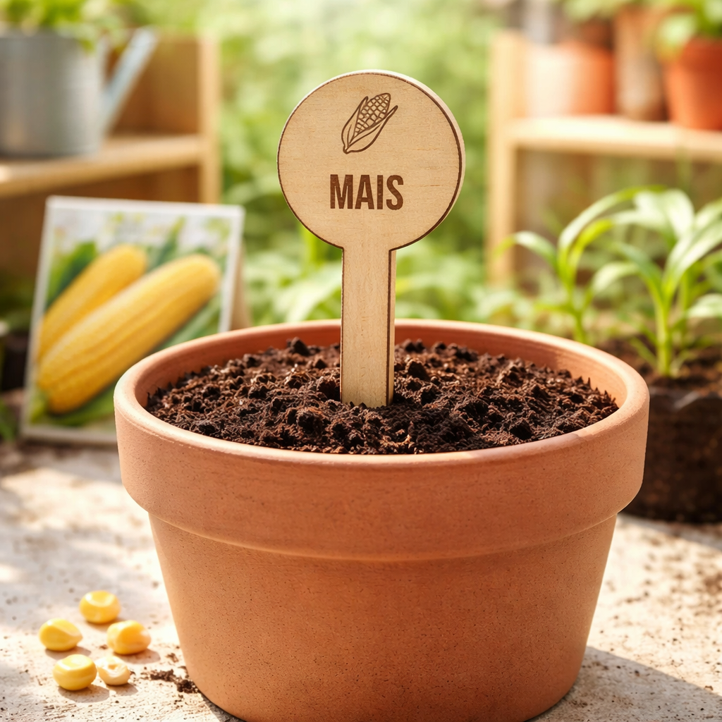 Pflanzenstecker Mais – Lasergravur Holzstecker mit Mais-Motiv, Gartendeko Geschenk