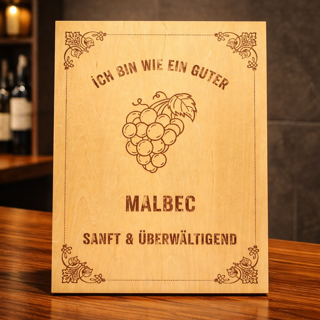 Holzschild Malbec – Lasergravur Weinliebhaber Geschenk | Sanft & Überwältigend