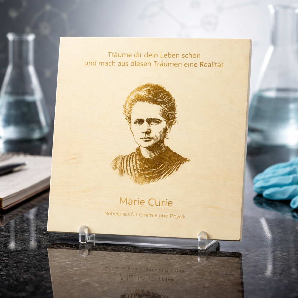 Holzschild Marie Curie – Lasergravur Zitat Geschenk | Nobelpreisträgerin Portrait Holzdeko