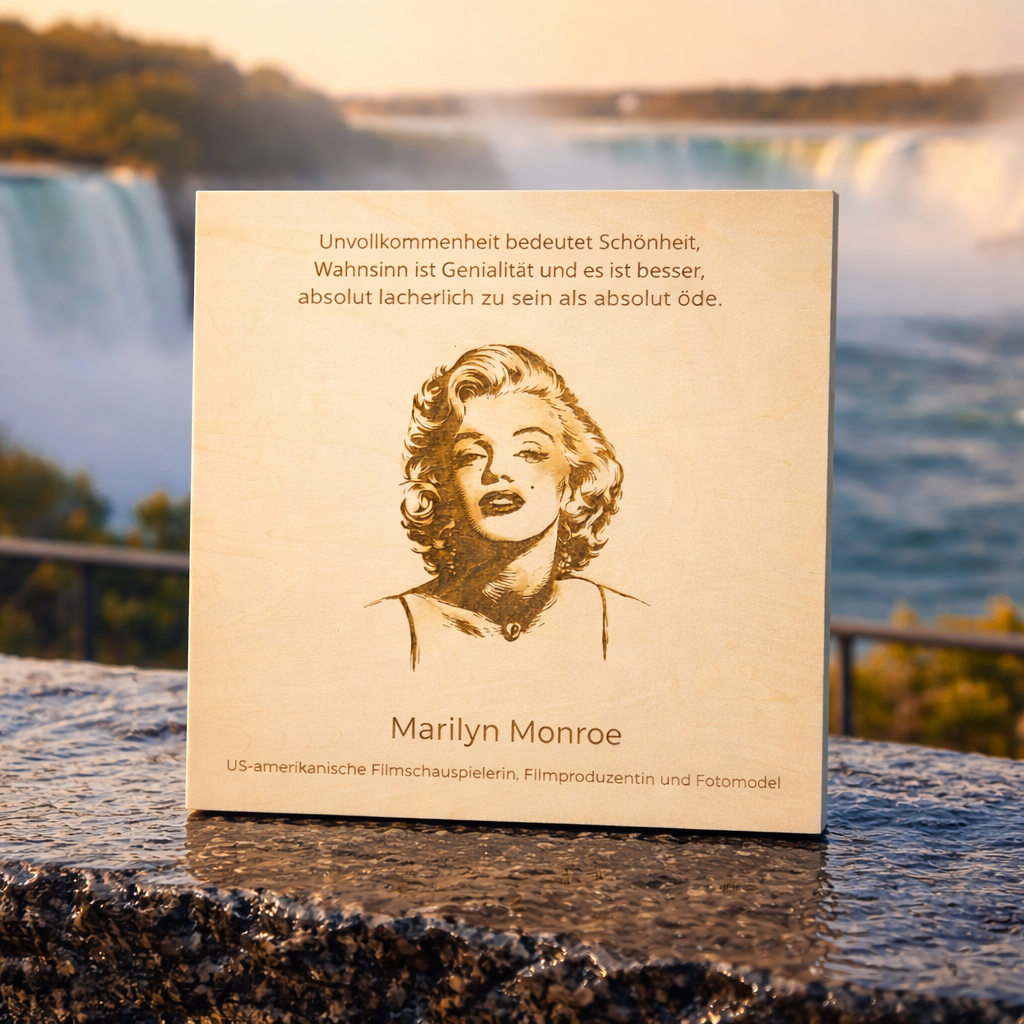 Holzschild Marilyn Monroe – Lasergravur mit Portrait und Zitat, Hollywood-Ikone Geschenk