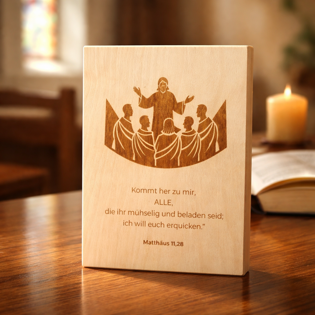 Holzschild Matthäus 11,28 – Lasergravur Bibelvers Geschenk | Kommt her zu mir