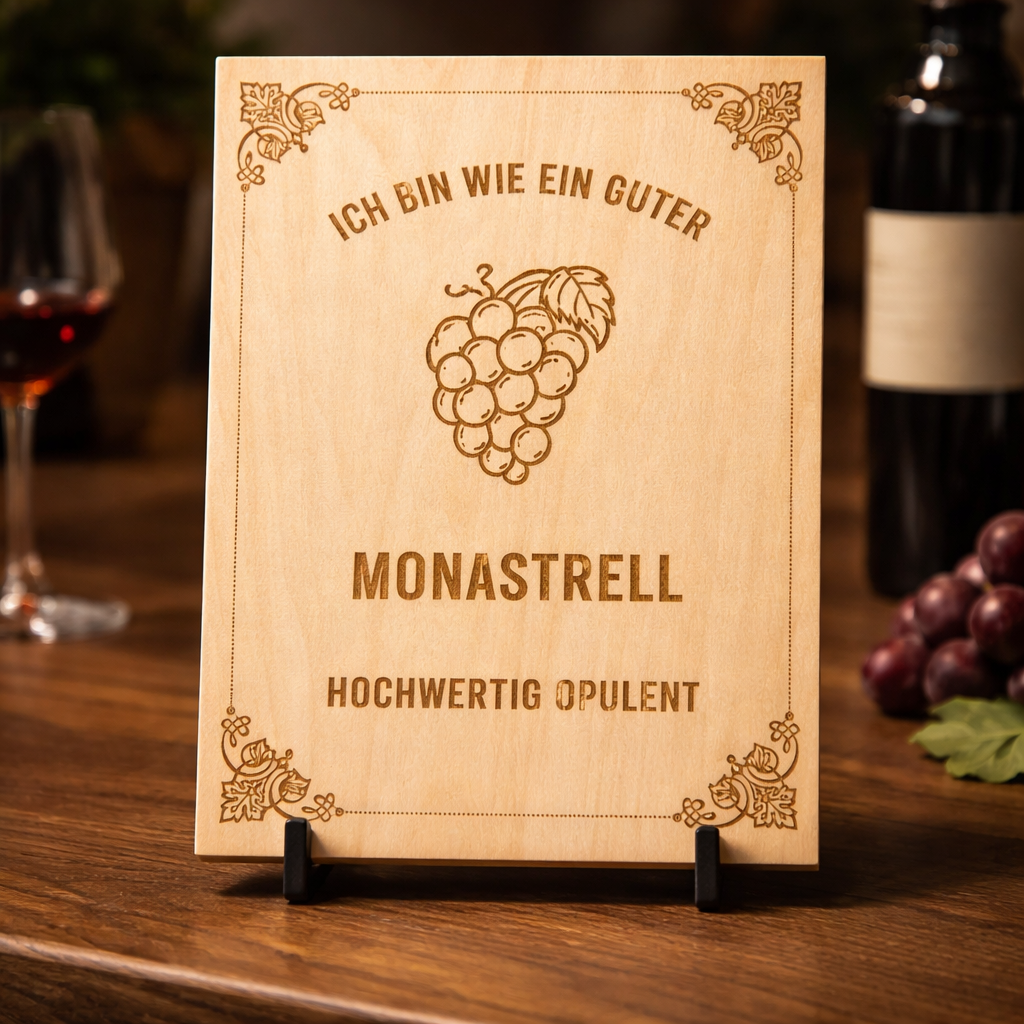 Holzschild Monastrell – Lasergravur Weinliebhaber Geschenk | Hochwertig & Opulent
