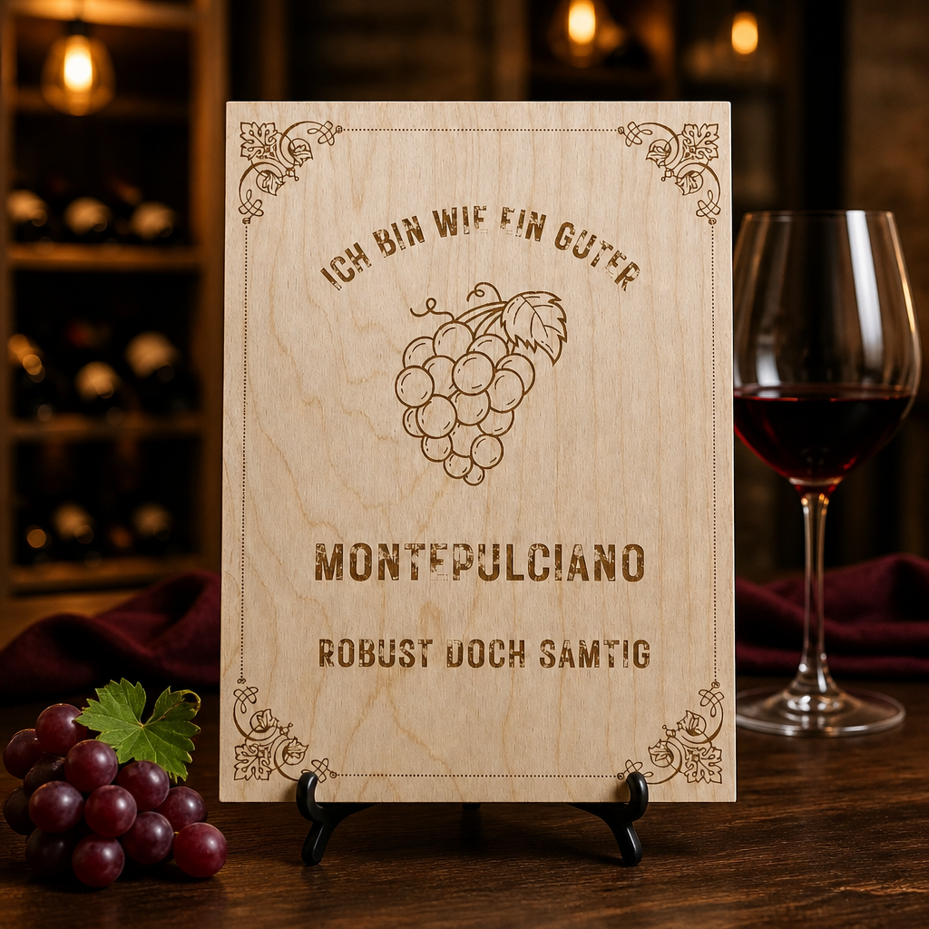 Montepulciano Holzschild – „Ich bin wie ein guter Montepulciano“ | Lasergravur Rotwein Geschenk