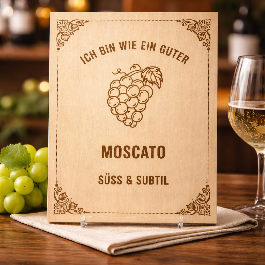 Holzschild Moscato – Lasergravur Weinliebhaber Geschenk | Süß & Subtil