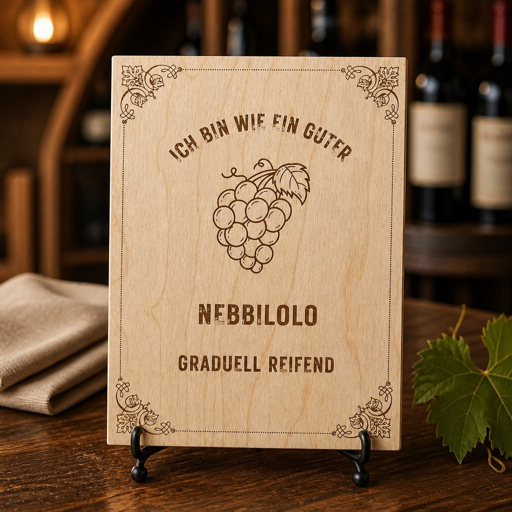 Nebbiolo Holzschild – „Ich bin wie ein guter Nebbiolo“ | Lasergravur Rotwein Geschenk