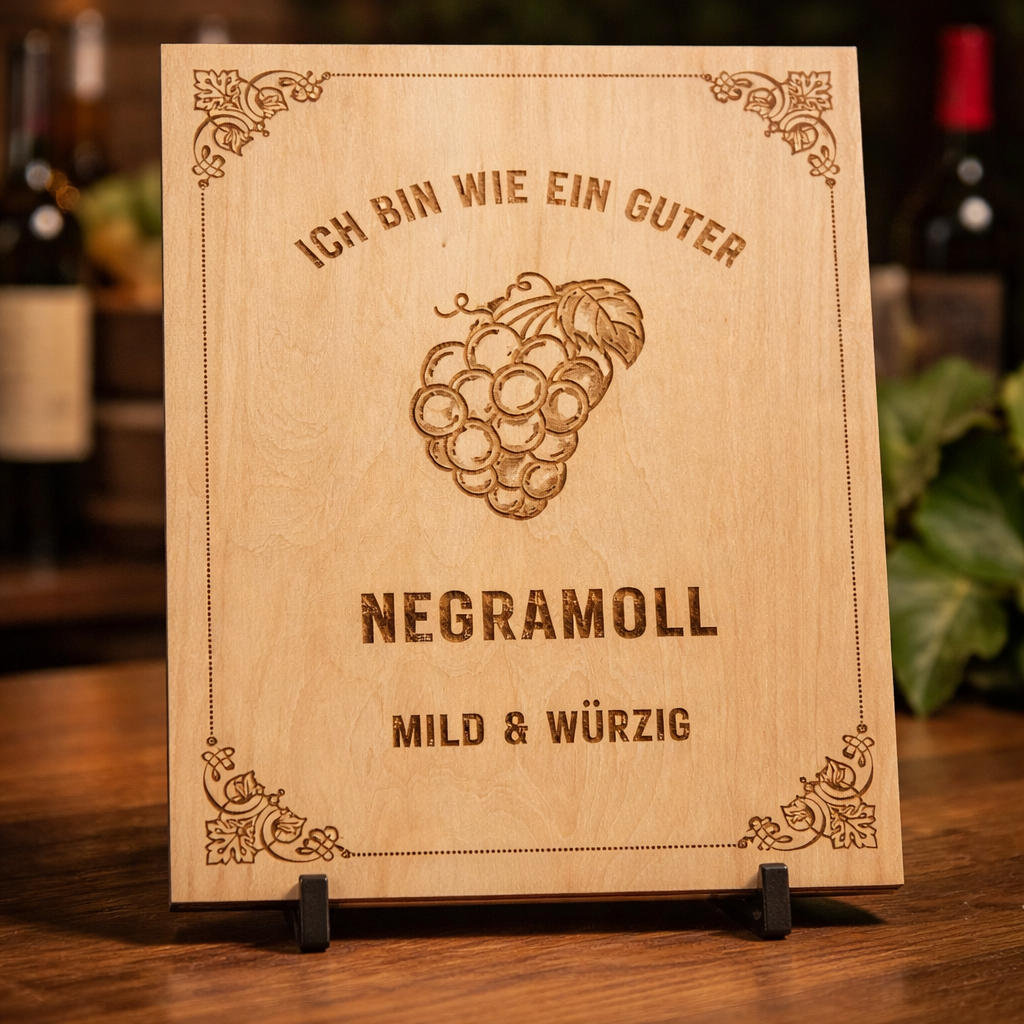 Holzschild Negramoll – Lasergravur Weinliebhaber Geschenk | Mild & Würzig