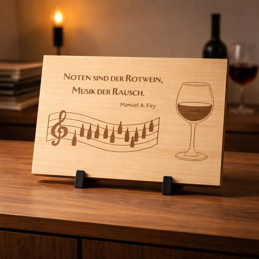 Wooden sign "Notes are the red wine, music is the intoxication" - Music & Wine engraving by Manuel A. Fey