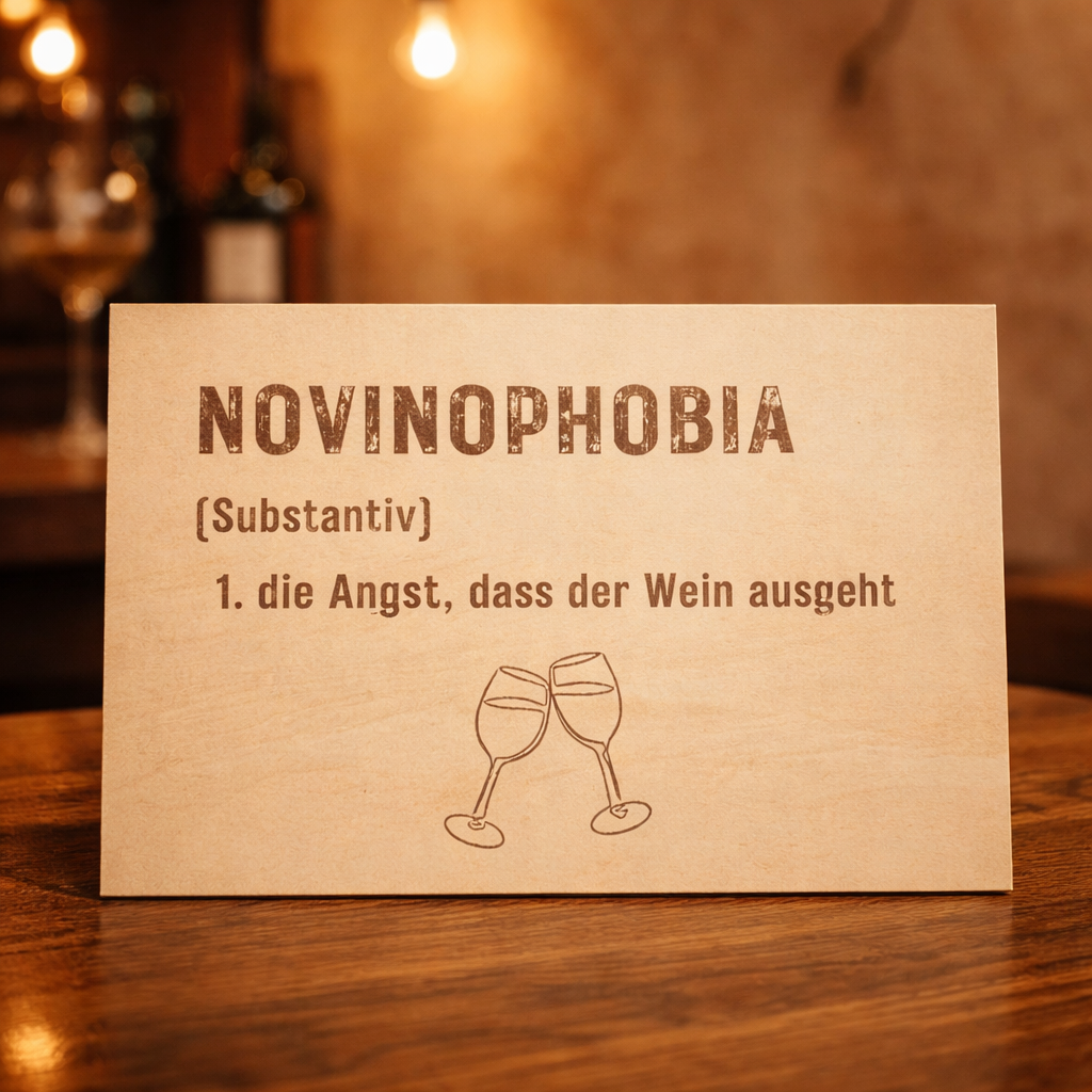 Wooden sign "NOVINOPHOBIA" – The fear of running out of wine | Wine Humor Engraving