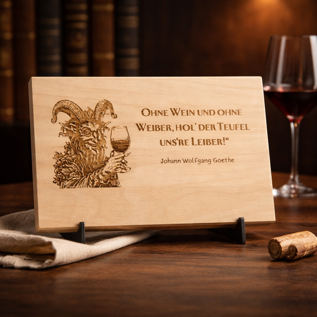 Wooden sign "Without wine and without women" - Goethe quote engraving on natural wood