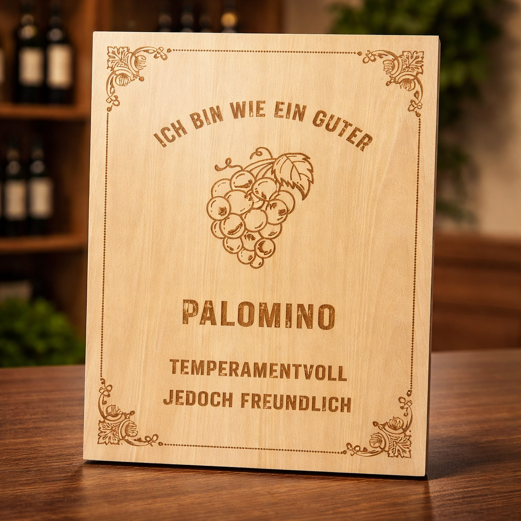 Holzschild Palomino – Lasergravur Weinliebhaber Geschenk | Temperamentvoll & Freundlich