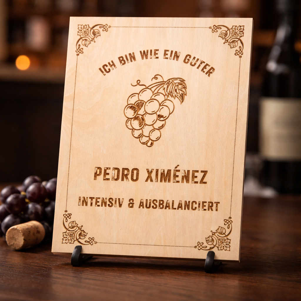 Holzschild Pedro Ximénez – Lasergravur Weinliebhaber Geschenk | Intensiv & Ausbalanciert